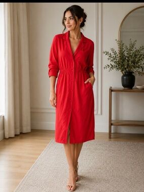 Women’s Red Button-Front Maxi Shirt Dress with Elastic Waist